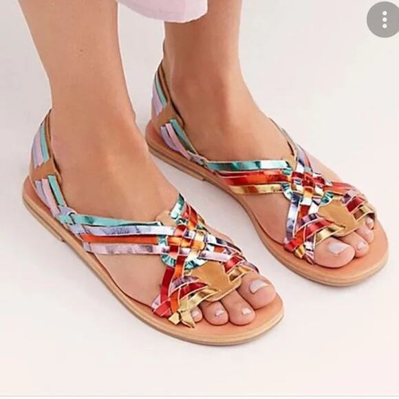 Free People San Juan Huarache Leather Metallic Rainbow Sandals Size 7 - Picture 1 of 12